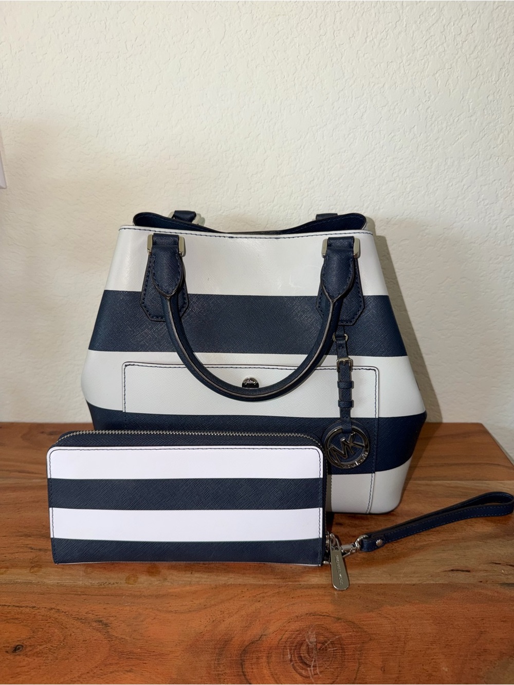 Michael Kors Navy and White Striped Tote with Matching Wallet Set